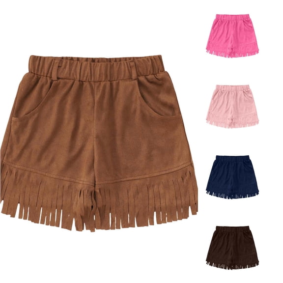 CUZIBR Girls Shorts Bohemian Solid Color Suede Fringe Shorts Elastic Waist With Pockets Western Style Casual Summer Bottoms Lightweight Travel Vacation Beach Soft Cozy Short Pants,Brown,12-14 Years