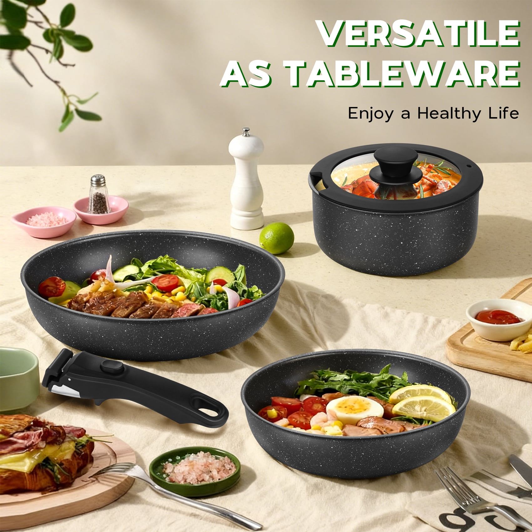 Walchoice 5Pcs Pots and Pans Set, Granite Nonstick Cookware Set with Detachable Handle, Stackable Kitchen Cooking Set with Saucepan Frying Pans, Induction Compatible & Oven Safe - Black