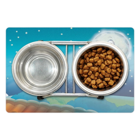 Moon Rays Pet Mat for Food and Water, Cartoon Style Lunar Smiling on a Rural House, Non-Slip Rubber Mat for Dogs and Cats, 18" X 12", by Ambesonne