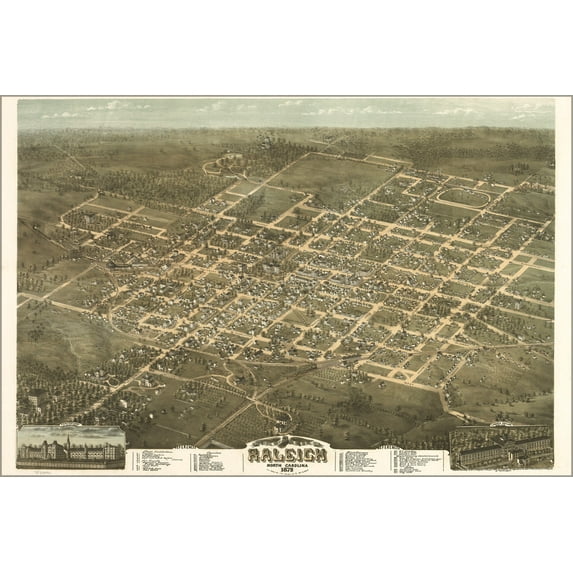 24"x36" Gallery Poster, birdseye view map of Raleigh, North Carolina 1872