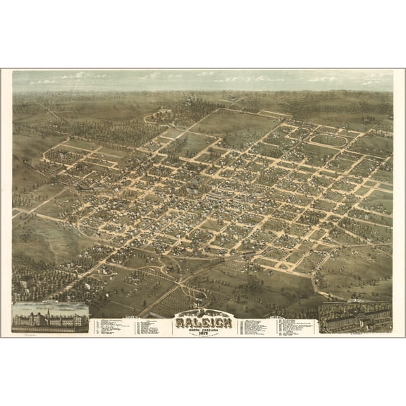 24"x36" Gallery Poster, birdseye view map of Raleigh, North Carolina 1872