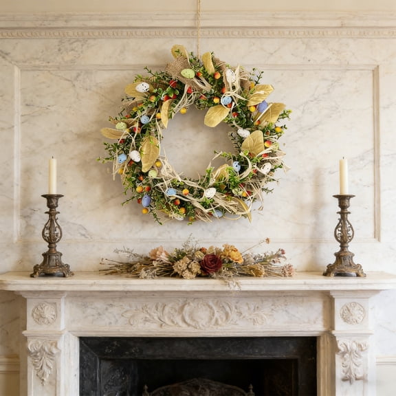 Deeceymbur Large Easter Egg Wreath with Faux Berries Holiday Door Decor Home Decoration for Easter Party Festive Hanging Spring Celebration Wreath