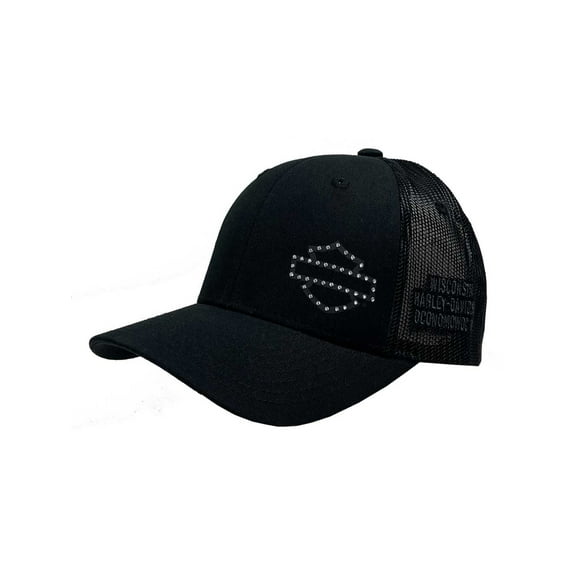 Harley-Davidson Women's Rhinestone Ponytail Curved Bill Mesh Trucker Hat – Black, Harley Davidson