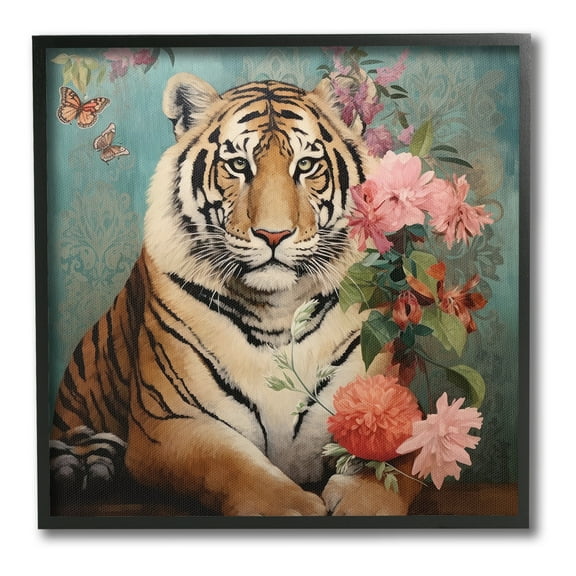 Stupell Industries Vintage Tiger & Bouquet Animals & Insects Painting Black Framed Art Print Wall Art, 12 x 12
