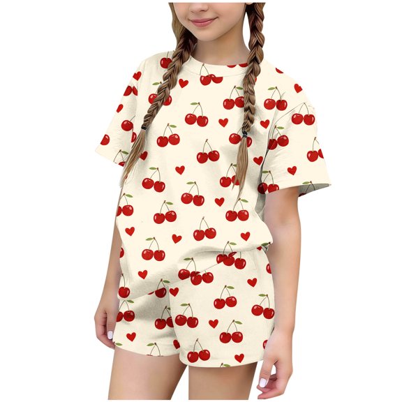 Iyufng Girls Outfit Sets 2 Pieces, Summer Printed Casual T-Shirt and Shorts Sets