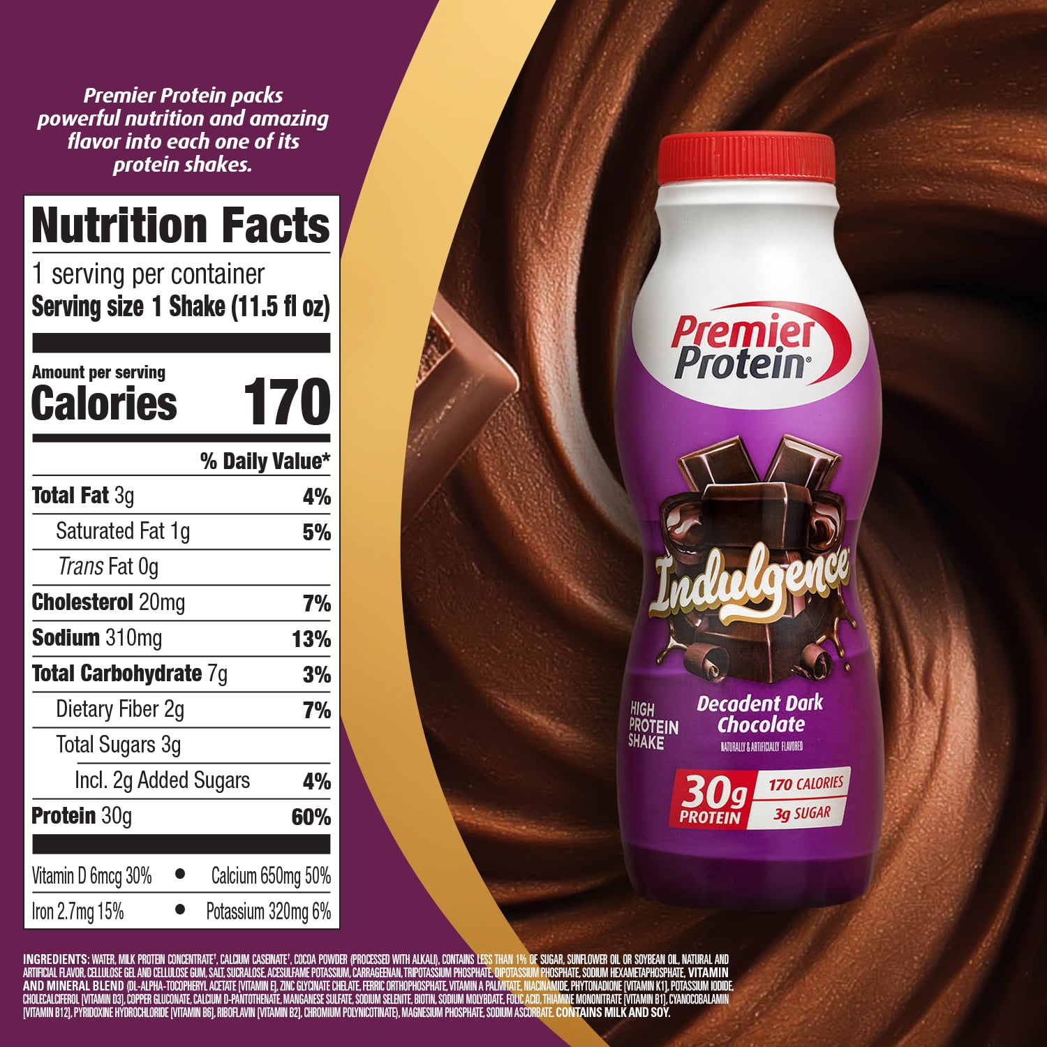 Premier Protein Indulgence Shake, Decadent Dark Chocolate, 30g Protein, 11.5 Fl Oz, 12 Ct