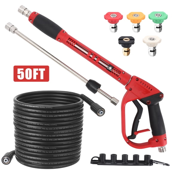 Pressure Washer Gun and Hose Kit, 50FT High Pressure Power Washer Hose with Spray Gun, Wand Extension, 5 Nozzle Tips, M22-14mm Fittings, 3600 PSI