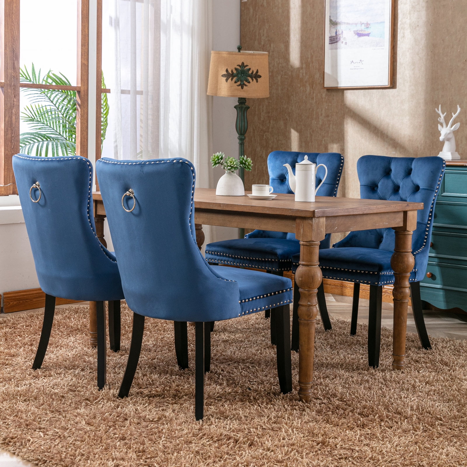 Extra Large Round Dining Table and Brass Chairs with Blue Velvet Seats -  Transitional - Dining Room