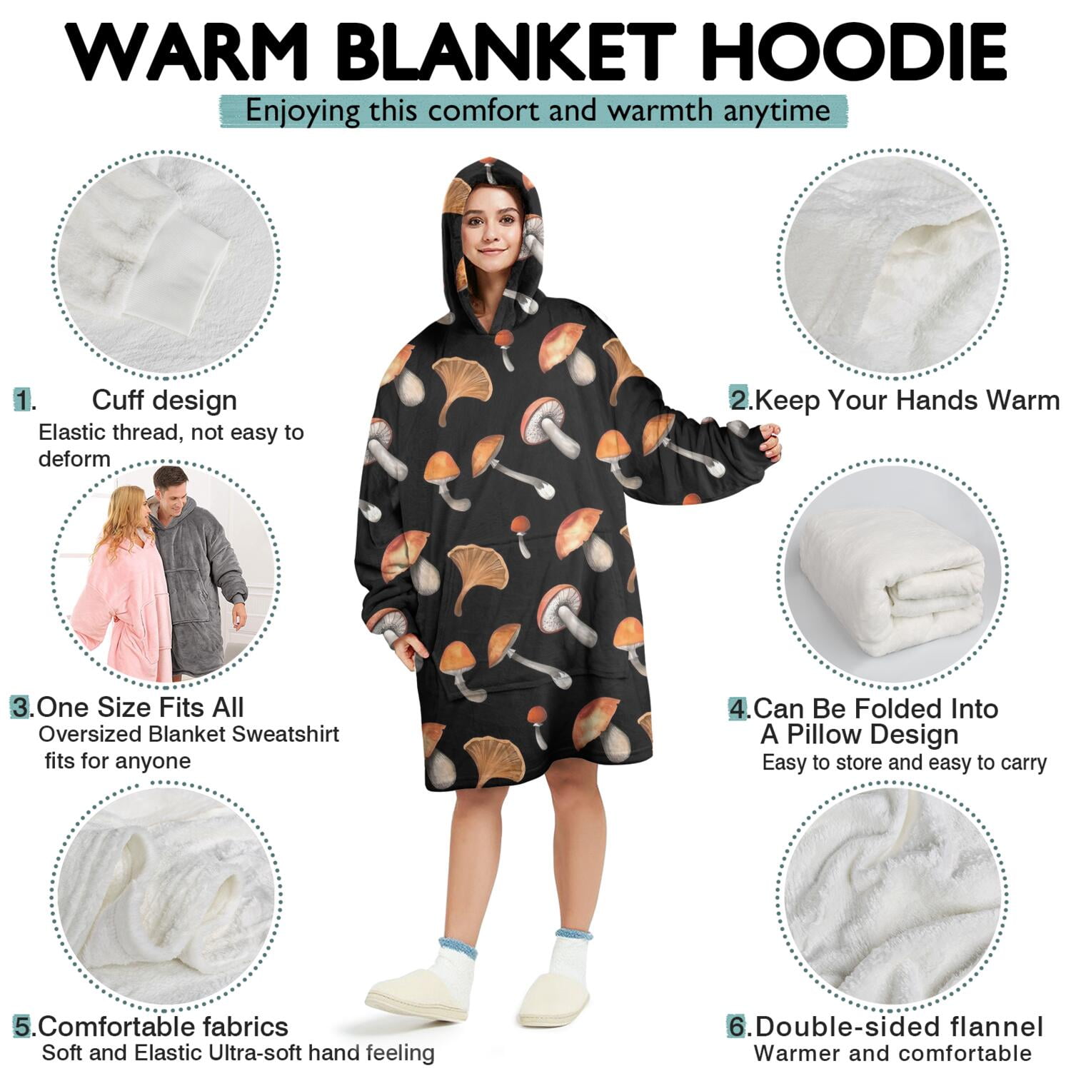 Brown Mushroom Pattern Black Pattern Wearable Oversized Blanket,Wearable Blanket Hoodie for Adults,Cozy Hooded Blankets with Super Pockets,Super Warm Fuzzy Pullover for Women & Men