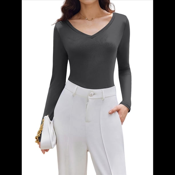 Camiseta Básica Ajustada de Punto Acanalado con Cuello en V y Larga para Mujer Gris Oscuro L