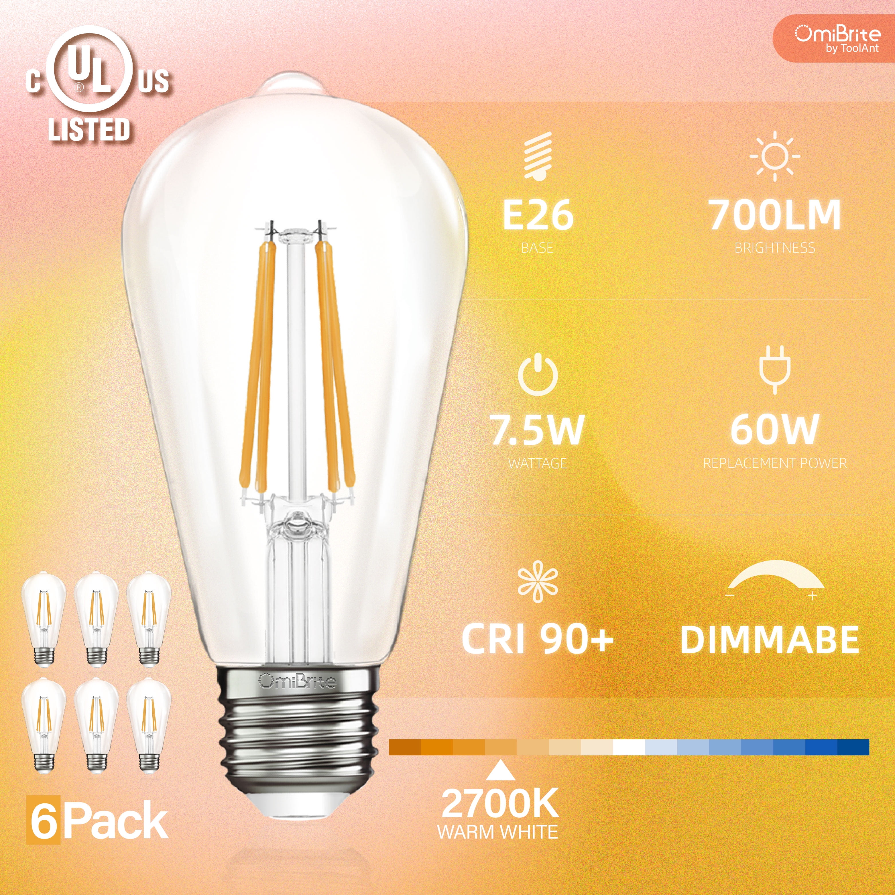 en million sig selv Sydamerika OmiBrite 6-Pack Dimmable LED ST19 Edison Light Bulb, Warm White 60 Watt EQ,  E26 Standard Base - Walmart.com