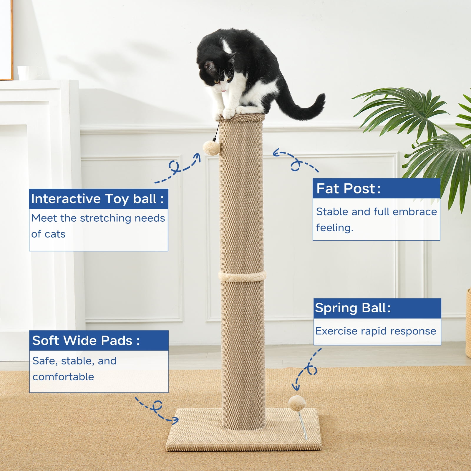 Cat Craft 41.73 ” Beige Faux Fur Large Cat Scratching Post with Replaceable Toys and Sturdy Base