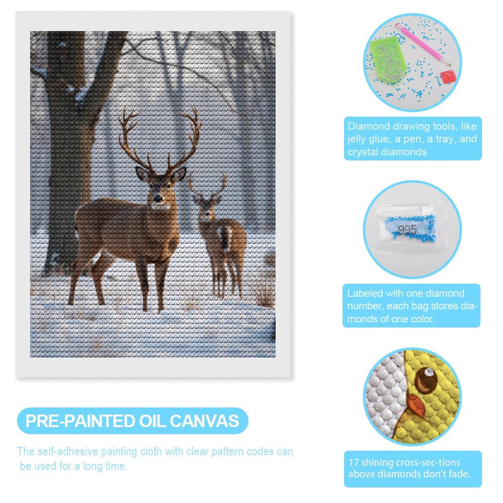Diamond Art Kits for Adults, Misty Winter Deer In Snowy Forest 5D Diamond Painting Kits for Adults Beginners, DIY Full Drill Diamond Painting, Gem Art and Crafts 12x16