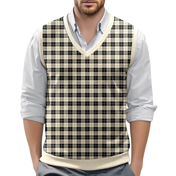 XIAOCHA Men's Knit Vest V Neck Plaid Print Sweater Warm Casual Office Top