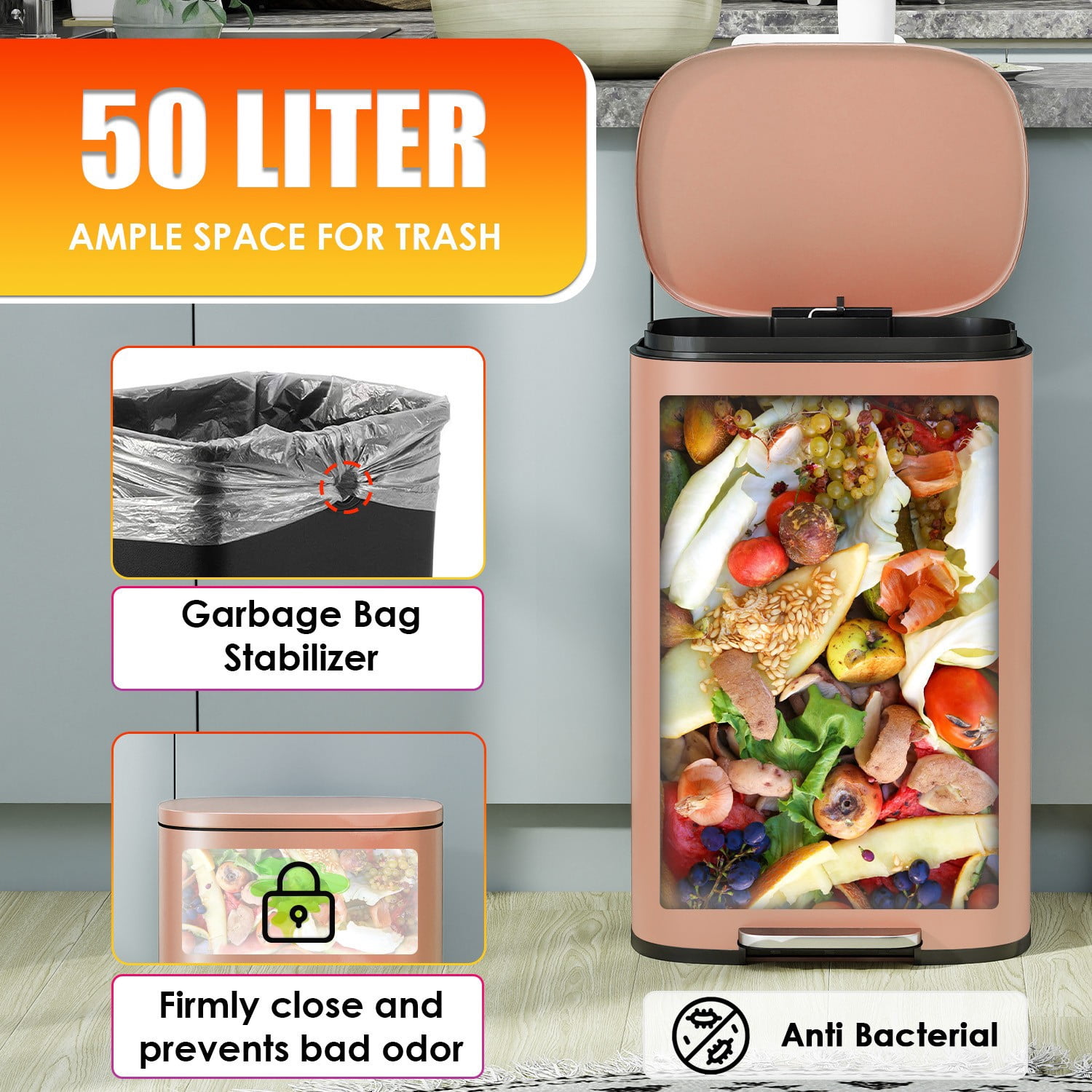 FASCK 13 Gallon/50 L Garbage Can Kitchen Trash Can with Lid for Office Bedroom Bathroom Step Trash Bin Fingerprint-Proof Brushed Stainless Steel 13 Gallon / 50 Liter,Pink