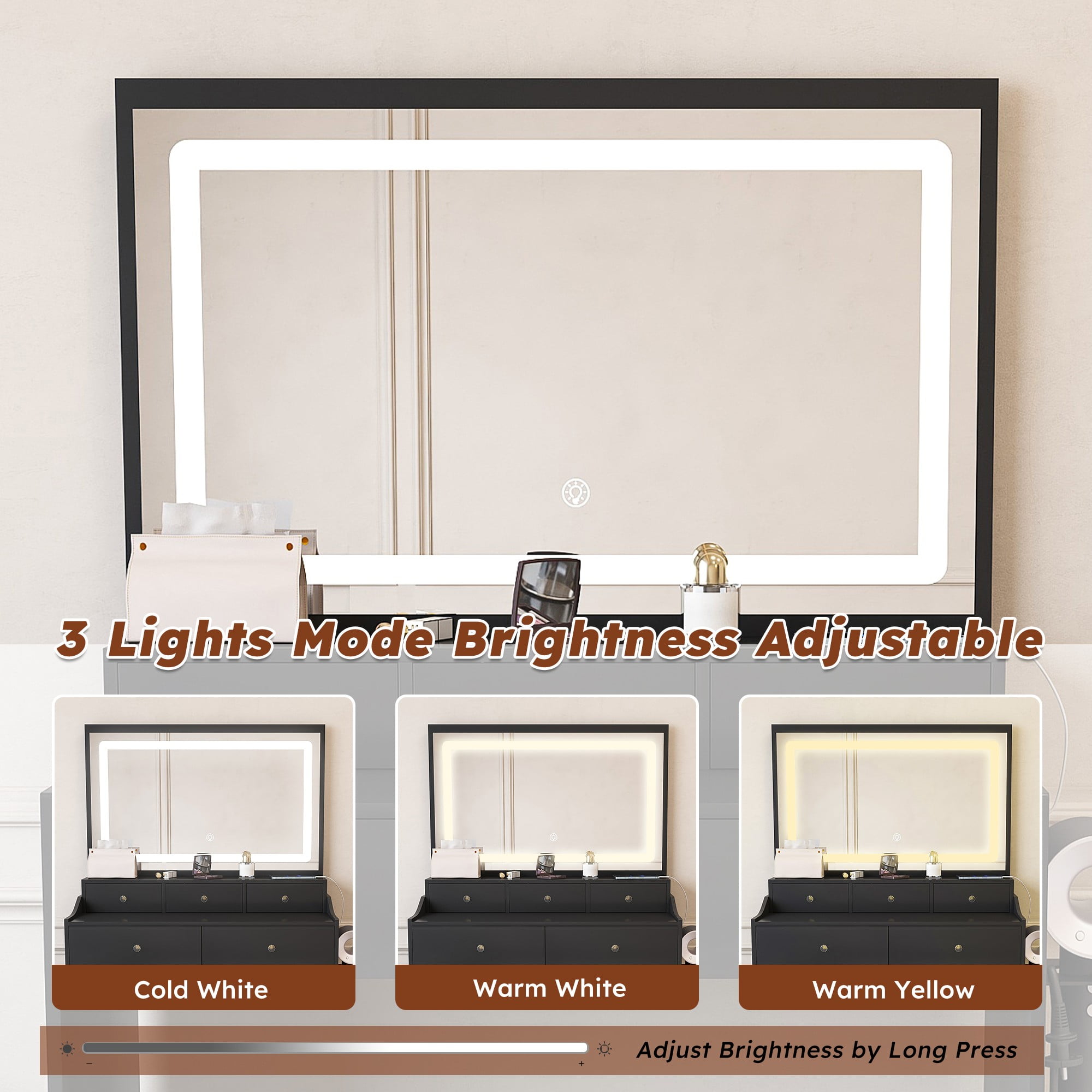 Jopath Large Makeup Vanity Set,Modern Mirror Vanity Desk with 5 Drawers,3 Lighting Color Adjustable Dressing Table for Bedroom,Black