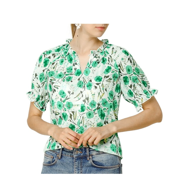 INSPIRE CHIC Women's Blouse Floral Ruffled Short Sleeve Ruffle Neck Casual Blouses L Green