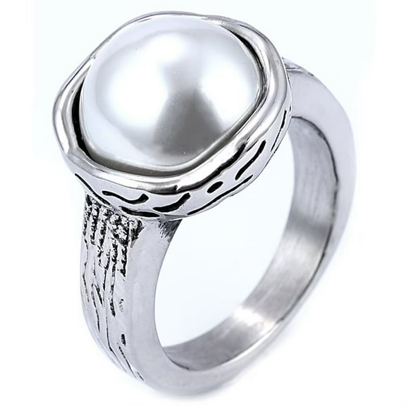 PAMTIER Women's Stainless Steel Personalized Creative Vintage Pearl Ring Silver Size 10