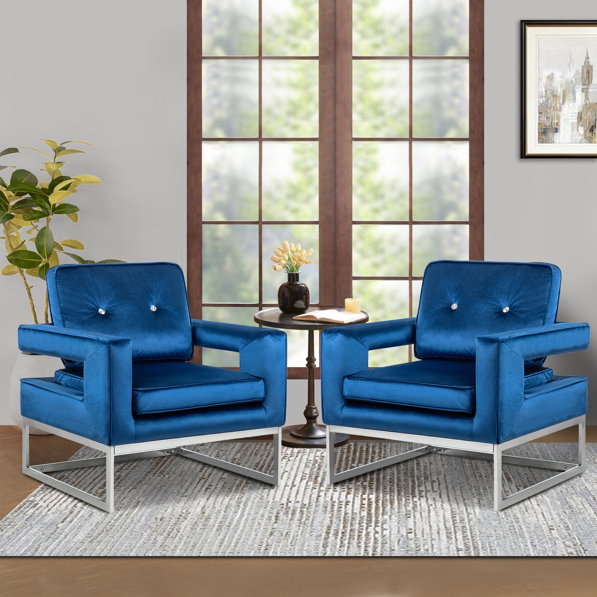 GIA Design Group Blue Velvet Club Accent Chair with Silver Steel Base for Living Room Bedroom