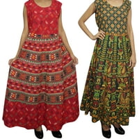 Mogul 2 Bohemian Women's Cotton Maxi Dress Printed Sleeveless Red Green Boho Chic Comfy Dresses L