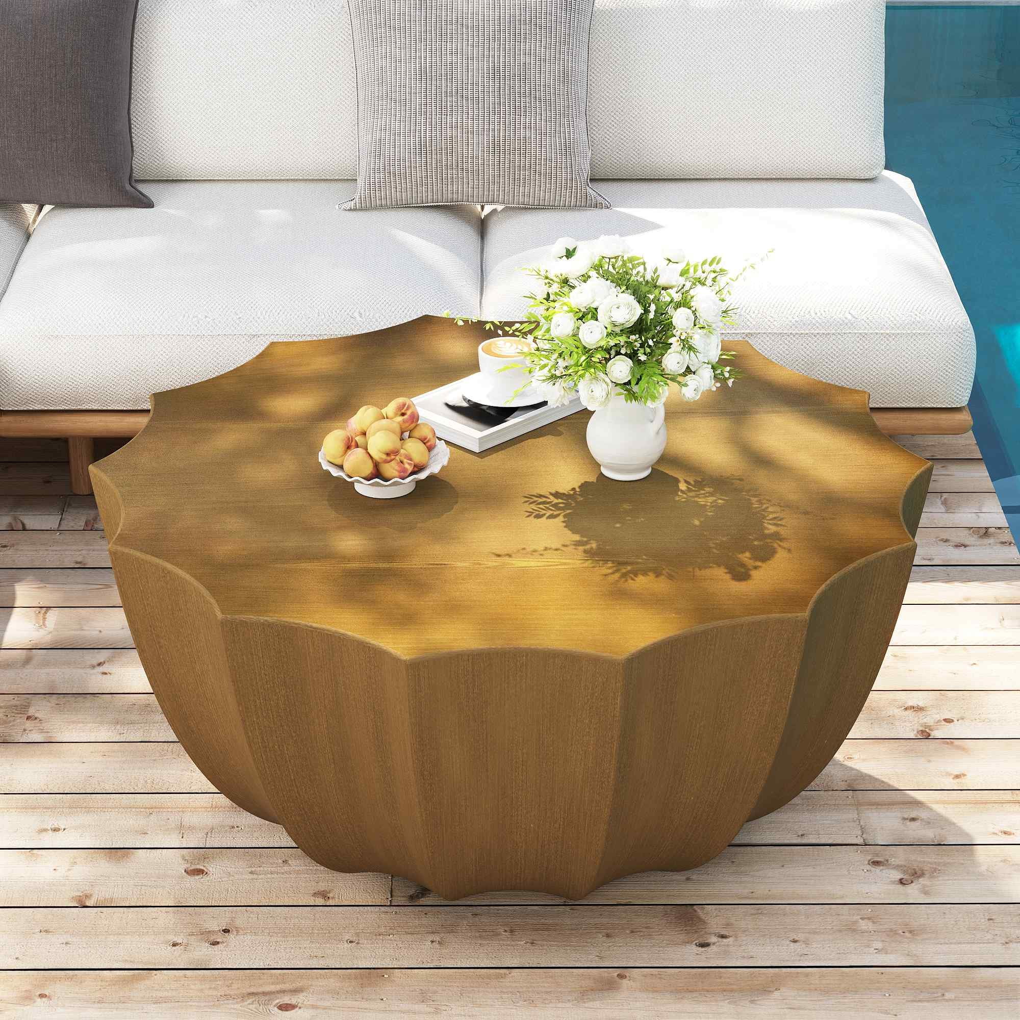 Lunale 35.43" Coffee Table for Indoor & Outdoor, Waterproof Durable MgO Cement Design, Wood Grain