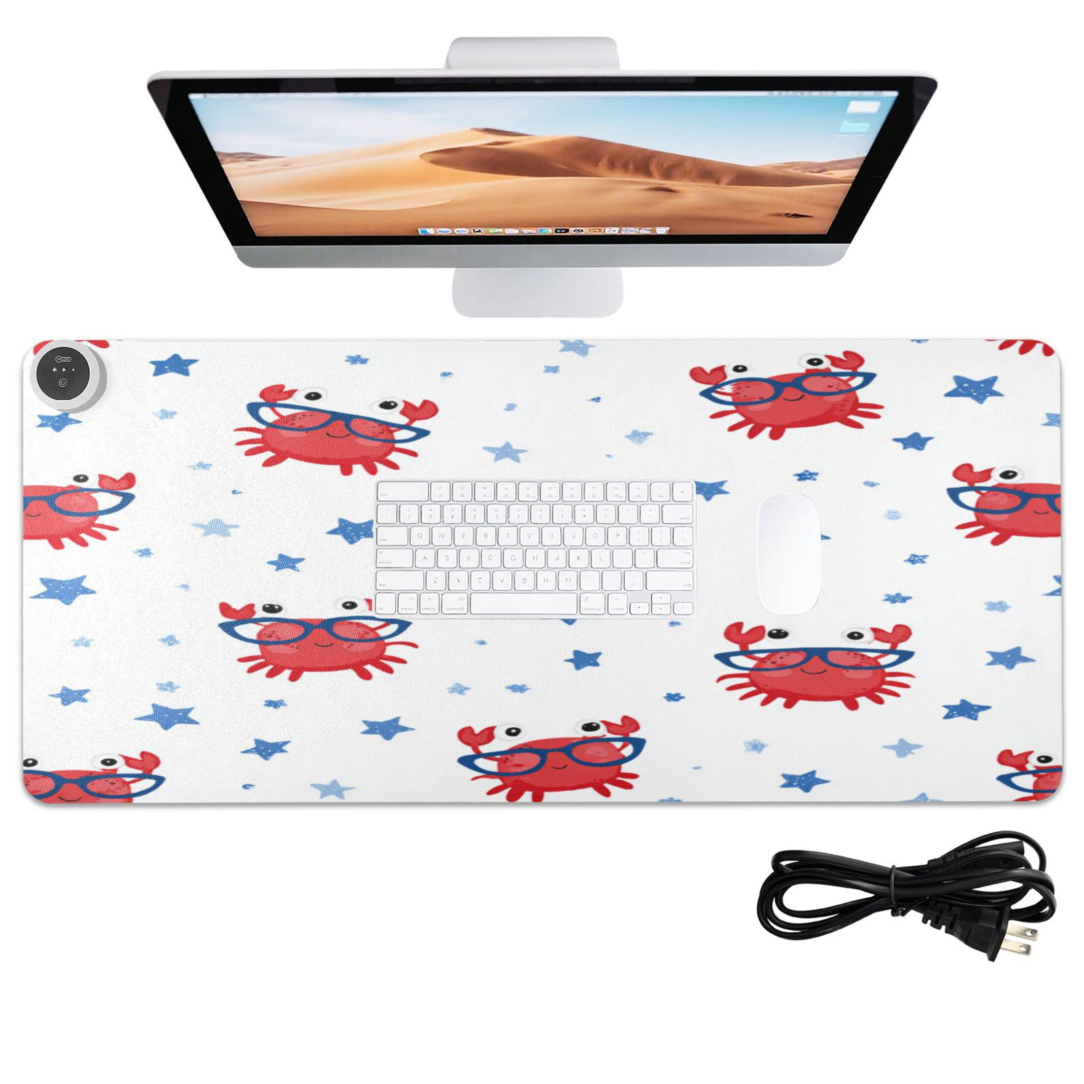 Large Heated Desk Mat Mouse Pad 31.5"x13"PU Leather Graphene Heating Desk Warmer with 3 Temperature Settings 110V US Plug Non-Slip Warm Pad for Home, Office, and Gaming Cool Crab with Glasses