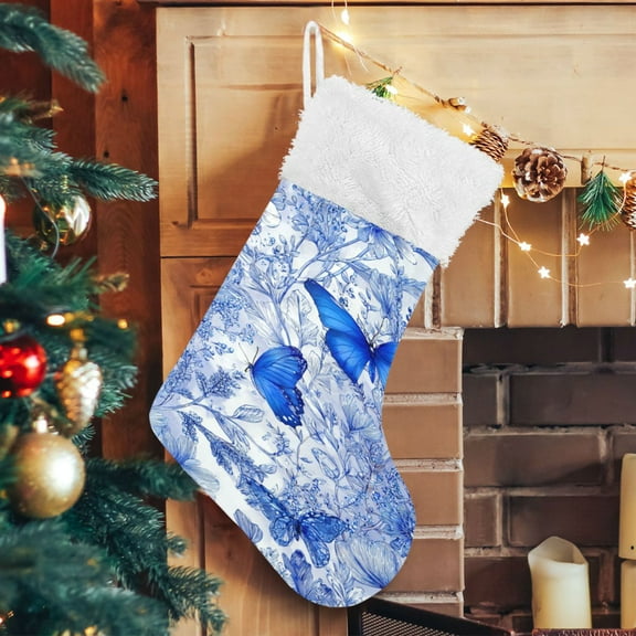 RMDQTR Christmas Stockings for Xmas Gifts - Large Size Festive Holiday Decor for Family Beautiful Cute Blue Butterflies