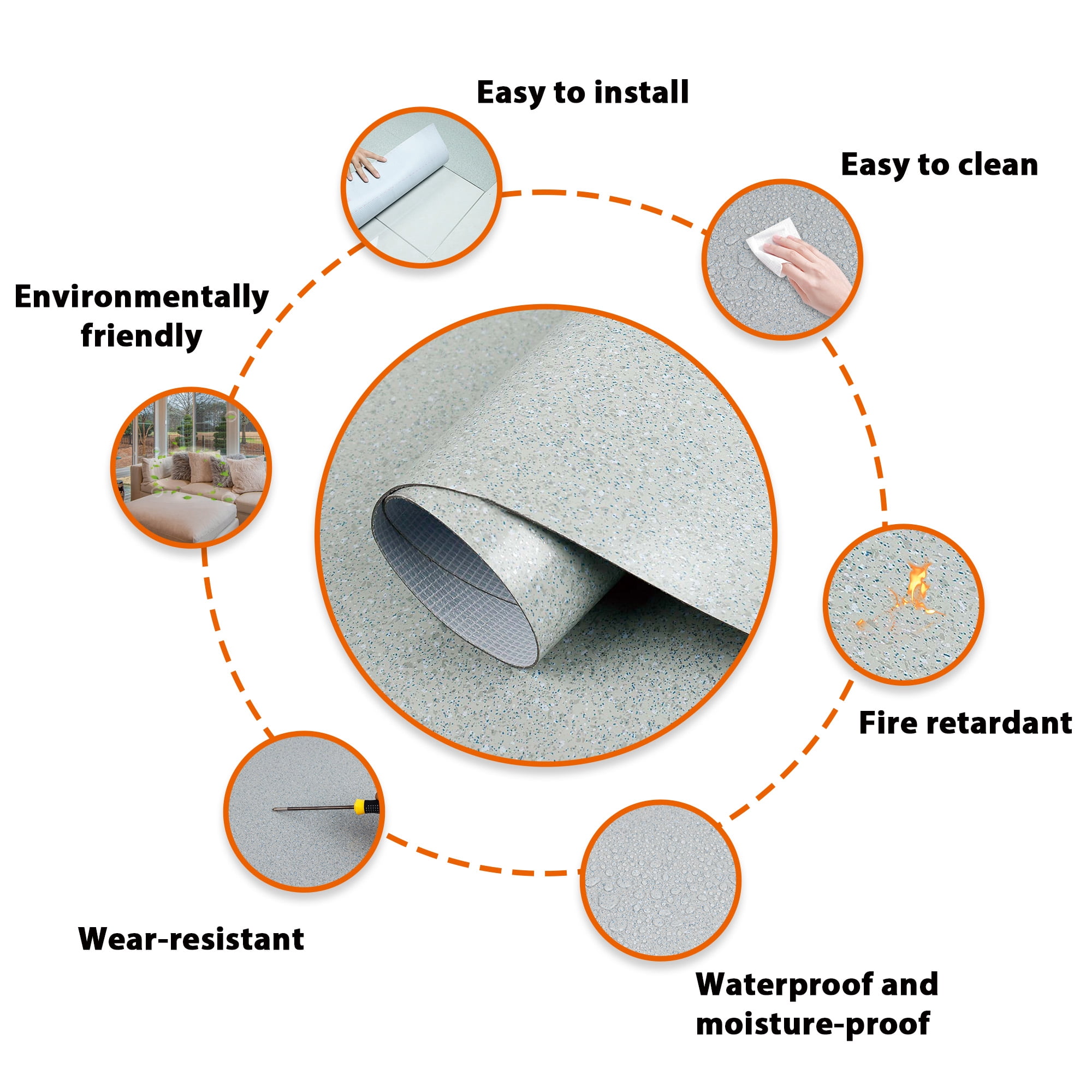 Vinyl Flooring Roll PVC Gray Flooring Mat Tiles 39"x 197" Waterproof Thicken Carpet for Bathroom Living Room Kitchen 1.4mm thickness