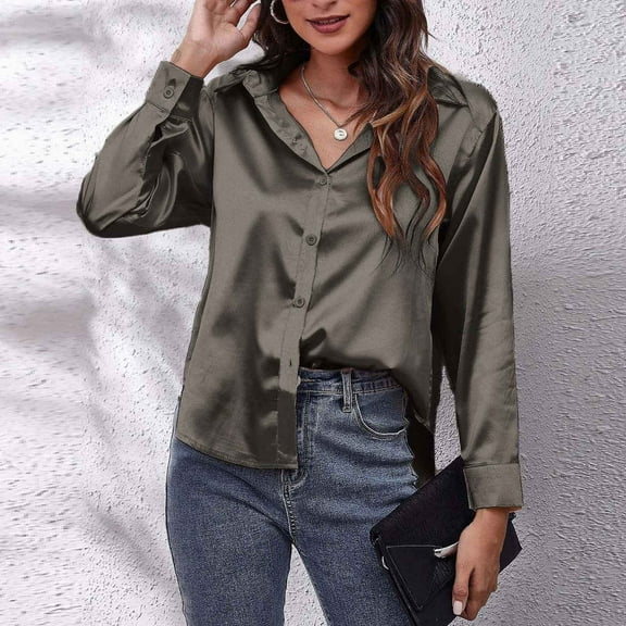 Elvqul Gray Tops Women Collared Button up Comfortable Plus Size Shirts Long Sleeve Satin Plain Shirts Tops