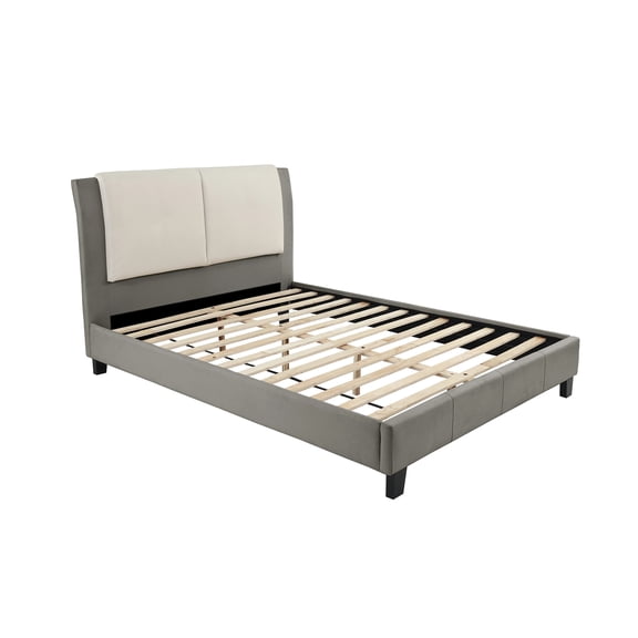 California King Size Upholstered Platform Bed Frame with Wood Slat Support, Modern Faux Leather Bed, Low Profile Footboard, Easy Assembly, White and Gray