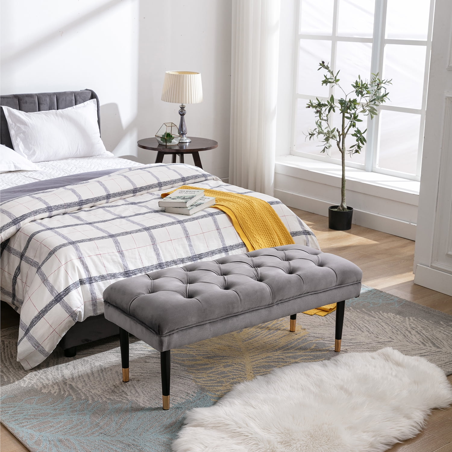 Kadyn Fabric Bench, Modern Velvet Button Ottoman for Living Room Entryway, Upholstered Bench with Metal Legs, Gray Kadyn Fabric Bench, Modern Velvet Button Ottoman for Living Room Entryway, Upholstered Bench with Metal Legs, Gray