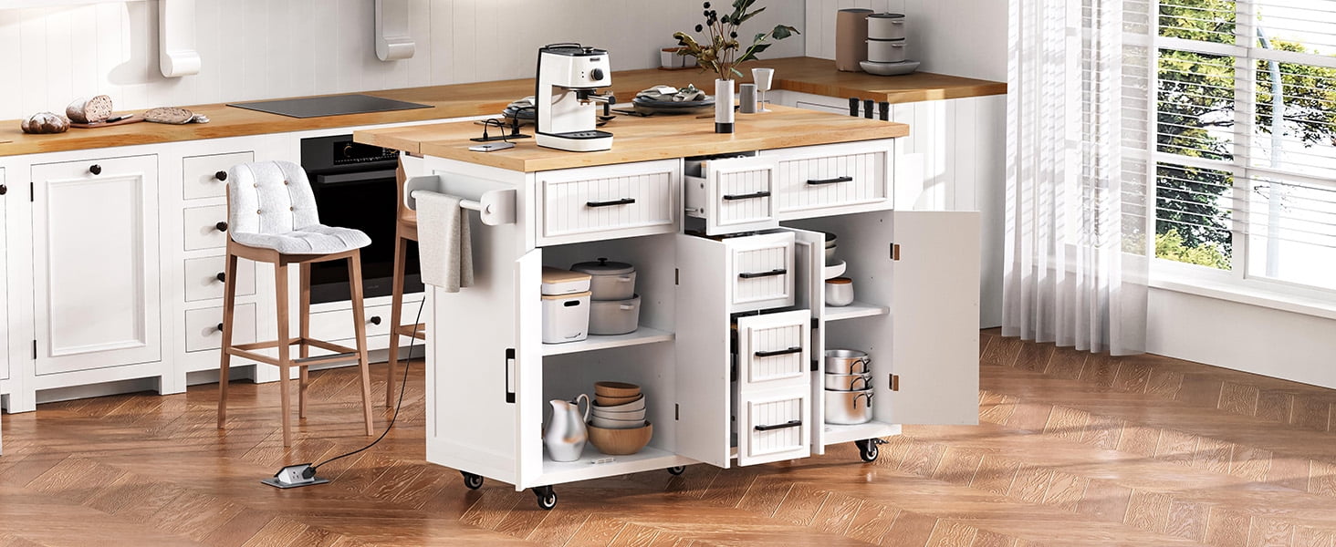 56.5'' Kitchen Island with Drop Leaf, Power Outlet, Embossed Vertical Stripe Rolling Kitchen Cart on Wheels with 4 Doors , 5 Deep Drawers and Adjustable Shelves, for Kitchen, Dining Room, White