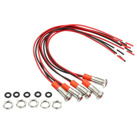 Uxcell 12V/24V 6mm Metal Red Indicator Lights Flush Panel LED Signal with Cable, 5 Pack