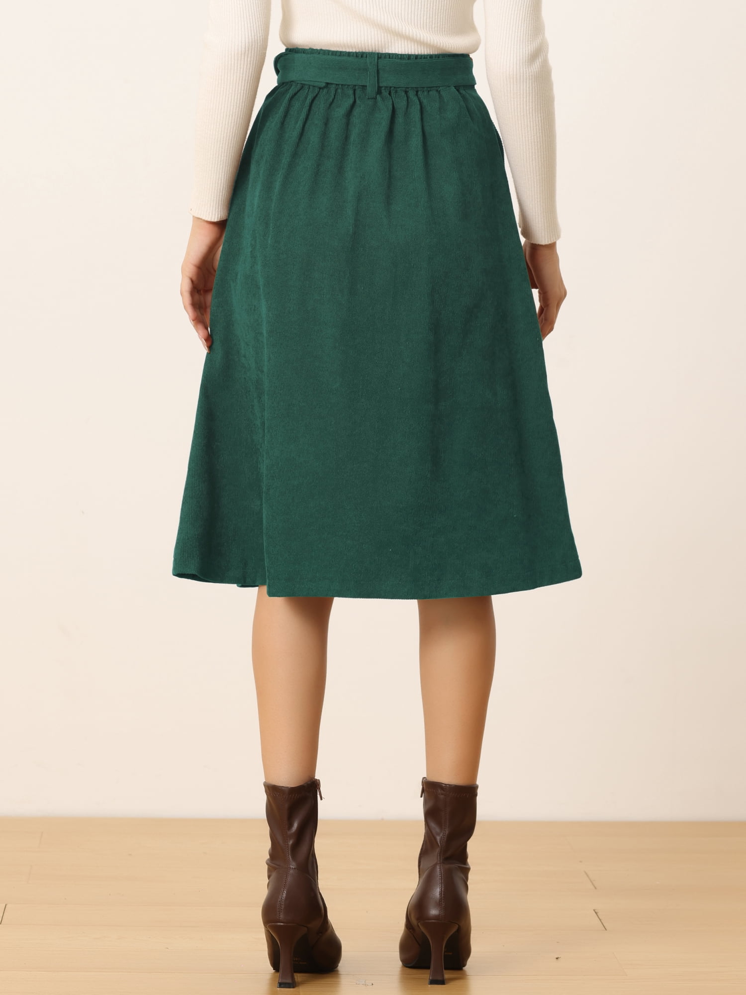 DARING DIVA Women's A-Line Button Front Belted Midi Skirts L Dark Green