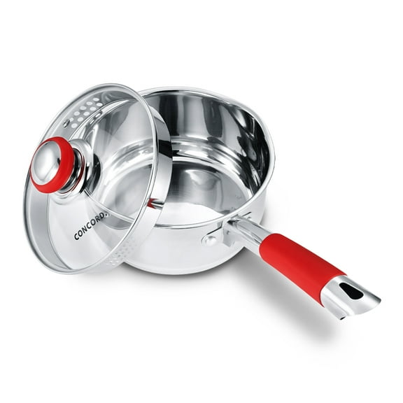 Concord 2 Quart Stainless Steel Saucepan with SIMPLE POUR Vented Glass Lid. Features Dual Pouring Spouts and Volume Marking. Perfect for making Sauces, Jam, Ramen, and more