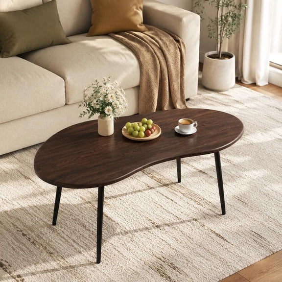 Cloud Shape Coffee Table, 39.5-Inch Irregular Center Table with Walnut Finish and Metal Frame