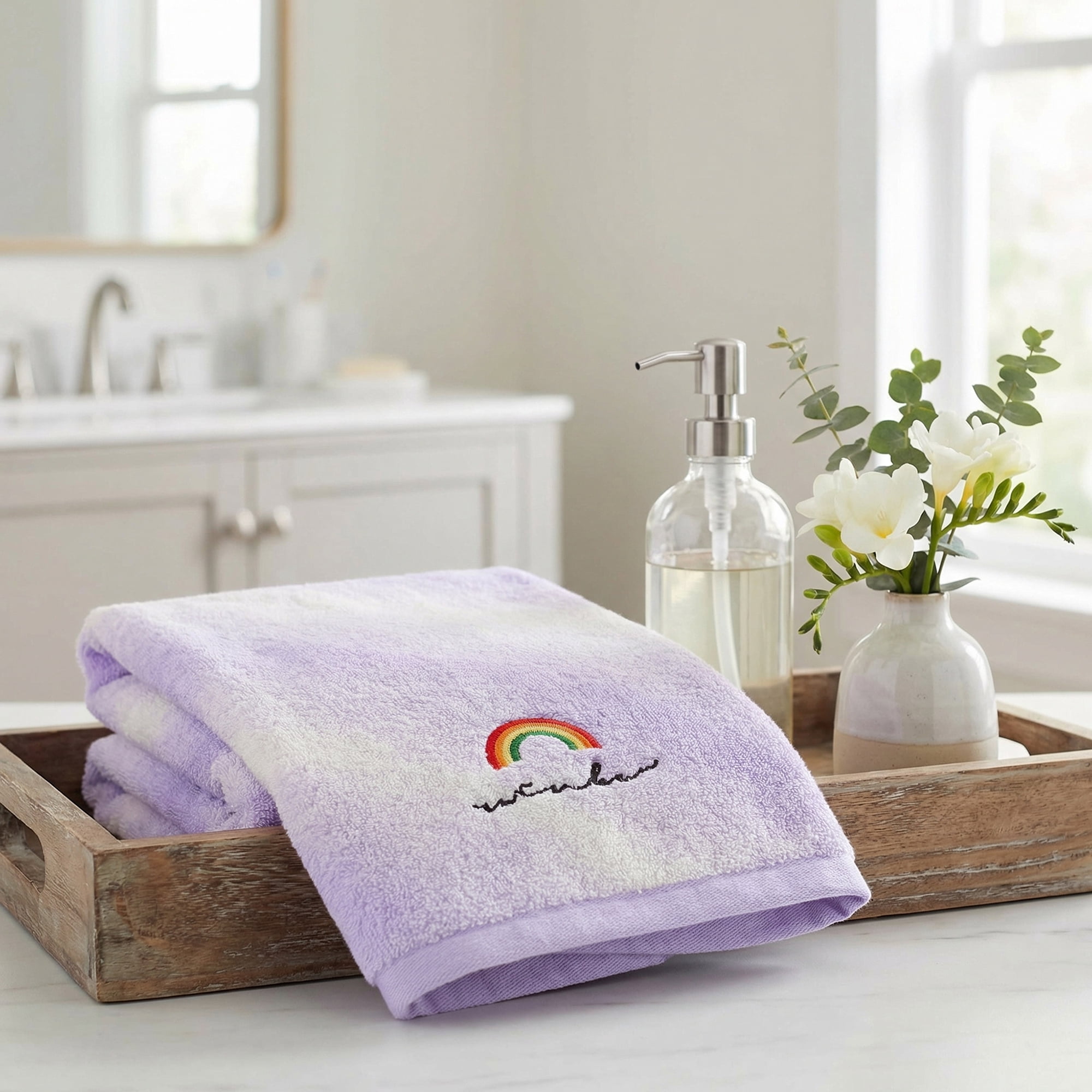 Unique Bargains 2 Pcs Rainbow Cotton Soft Absorbent Hand Towels Purple 28" x 13"