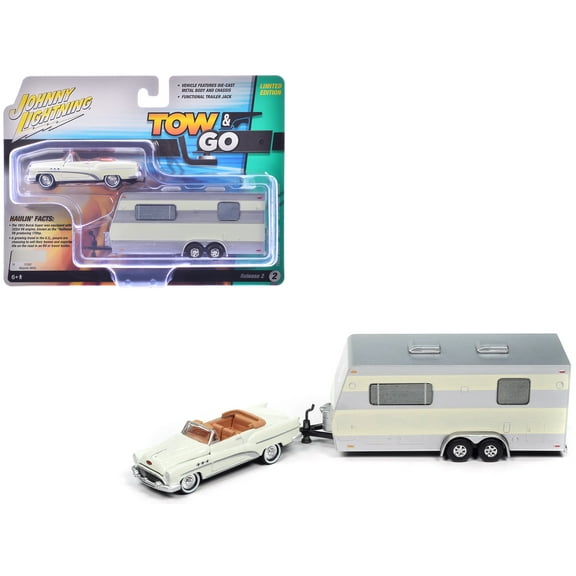 1953 Buick Super Cream with Travel Trailer Limited Edition "Tow & Go" Series 1/64 Diecast Model Car by Johnny Lightning