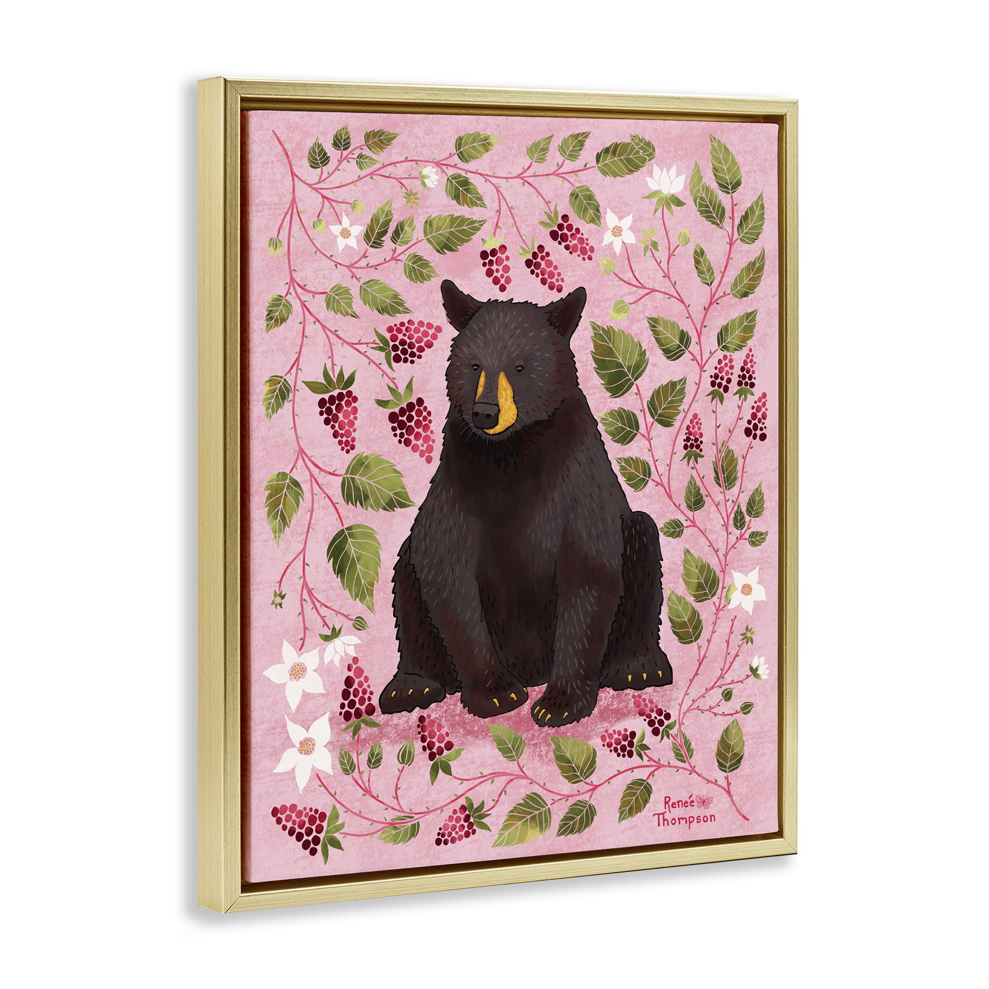 Stupell Industries Bear & Blackberry Plants Animals Painting Gold Floater Framed Canvas Art Print Wall Art, 25 x 31