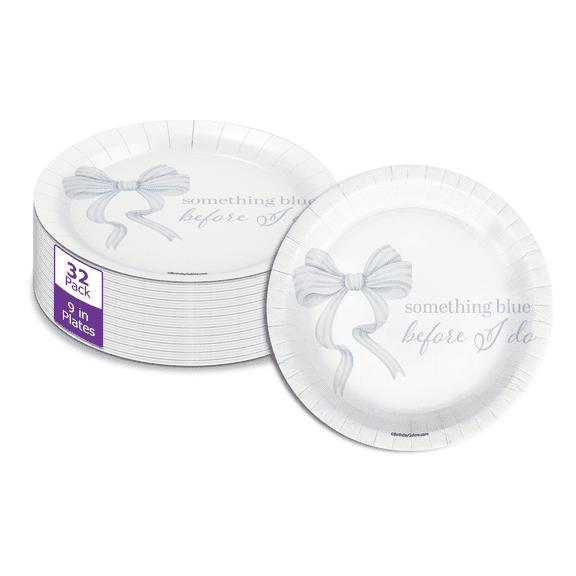 Birthday Galore Something Blue Before I Do Bridal Shower - 32 Piece Disposable Party Supplies - Blue Bows Bridal Shower Decorations - Round Party Plates - Large 9" Paper Plates In Bulk