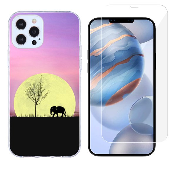 Slim-Fit Protective Phone Case compatible with iPhone 12 Pro Max, with Tempered Glass Screen Protector, by OneToughShield ® - Moonlight Elephant