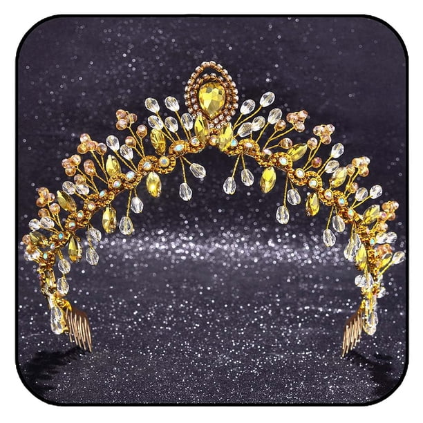 Formery Corona de diamantes de imitación para boda, diadema nupcial de cristal amarillo dorado, hecha a mano, cristales para fiesta de graduación, tocado de novia, accesorios para el cabello para muje