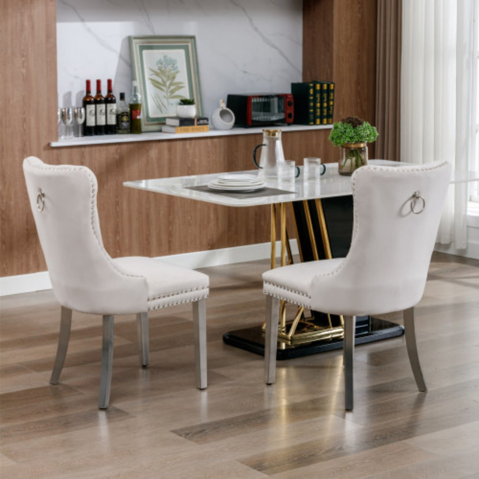 BSHTI 37.5" Velvet Upholstered Dining Room Chairs Set of 2, Modern Tufted Parson Chairs with Nailhead Trim, Foam Padded Seat for Dining Room/Kitchen(Beige)