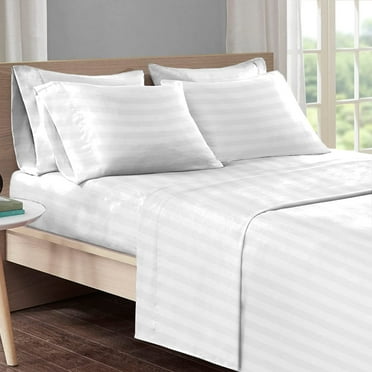 4-Piece Dobby Stripe Bed Sheet Set - 100% Cotton Sateen - 400 Thread Count (White, King Size)