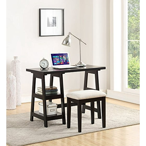 Wooden Writing Desk With 2 Side Shelves And Stool Black
