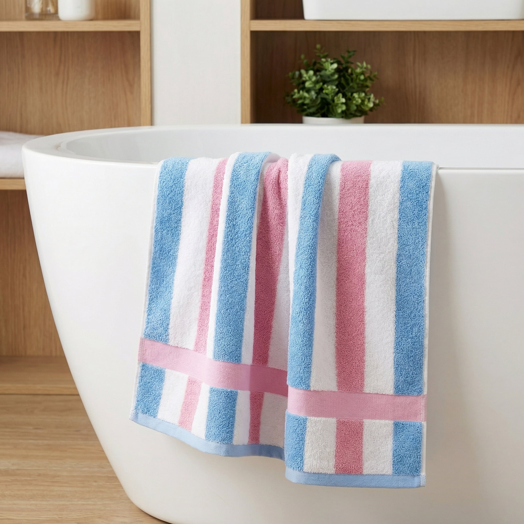 Unique Bargains Absorbent Stripe Soft Cotton Towel 2 Pack Pink/Royal Blue 55"x28"