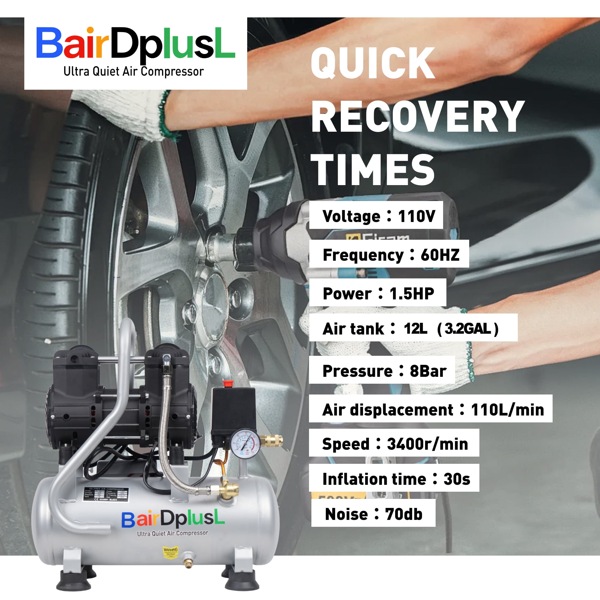 3.2 Gallon Ultra Quiet Air Compressor 110V/60Hz 1.5HP 8.8CFM, MAX 115PSI Steel Tanks Oil-Free 70dB Noise Level Light & Quiet Portable Air Compressor with Wheels for Auto Repair