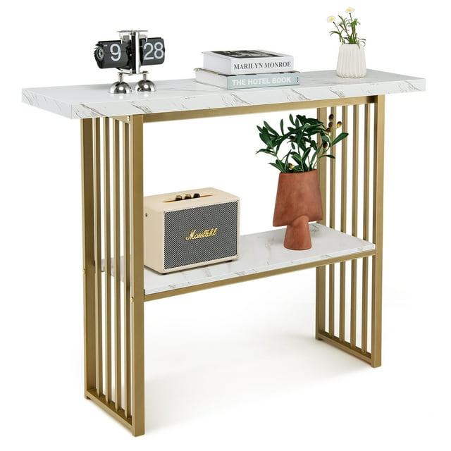 Mesa de Consola Costway Almacenamiento 2 Niveles Blanco y Dorado