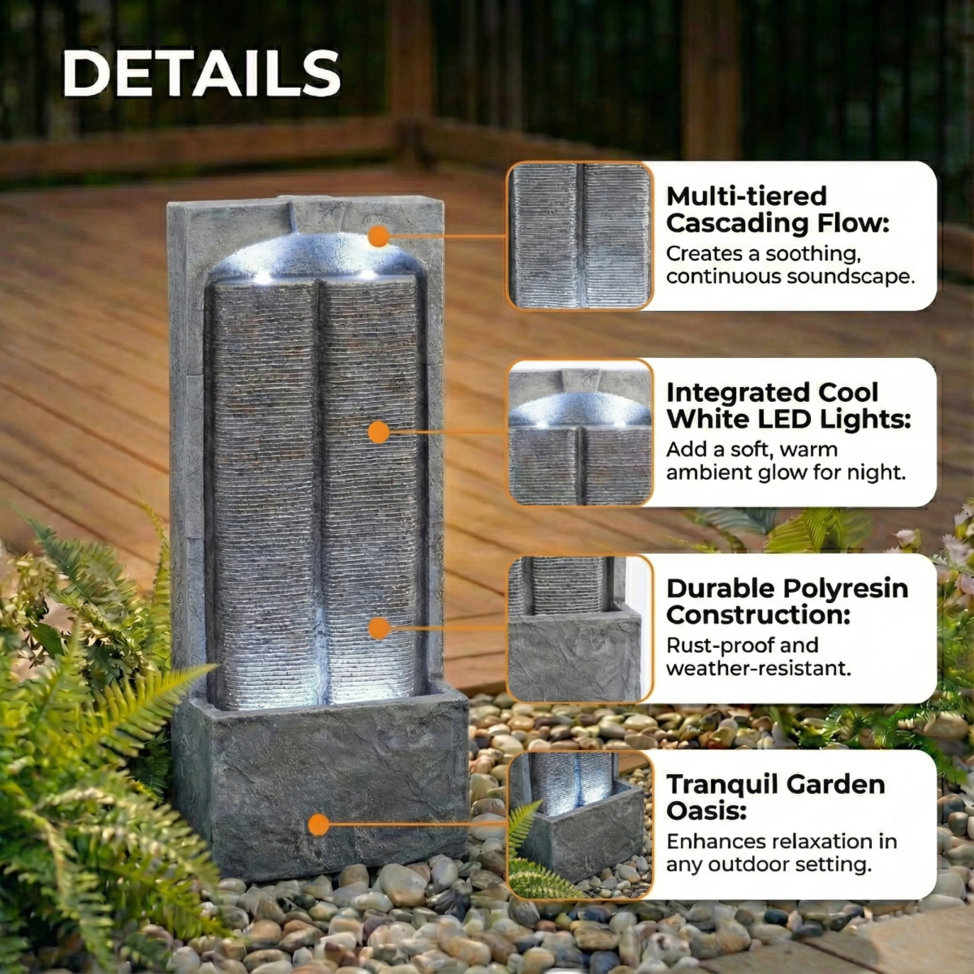 Outdoor Water Fountain Cascading LED Lights 39" H, Resin Fiberglass with Quiet Pump, Freestanding Water Feature for Garden Patio Porch Lawn Backyard Indoor Outdoor Decor