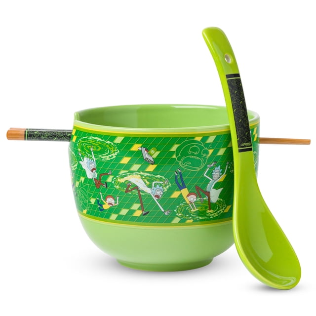 Silver Buffalo Rick and Morty - tazón flotante de cerámica para fideos Ramen con palillos y cuchara, apto para microondas, 20 onzas